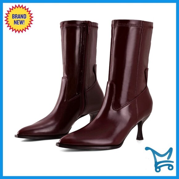 Shoes - Pointed Toe Kitten Heel Ankle Boots with Side Zipper Stacked Stiletto Booties